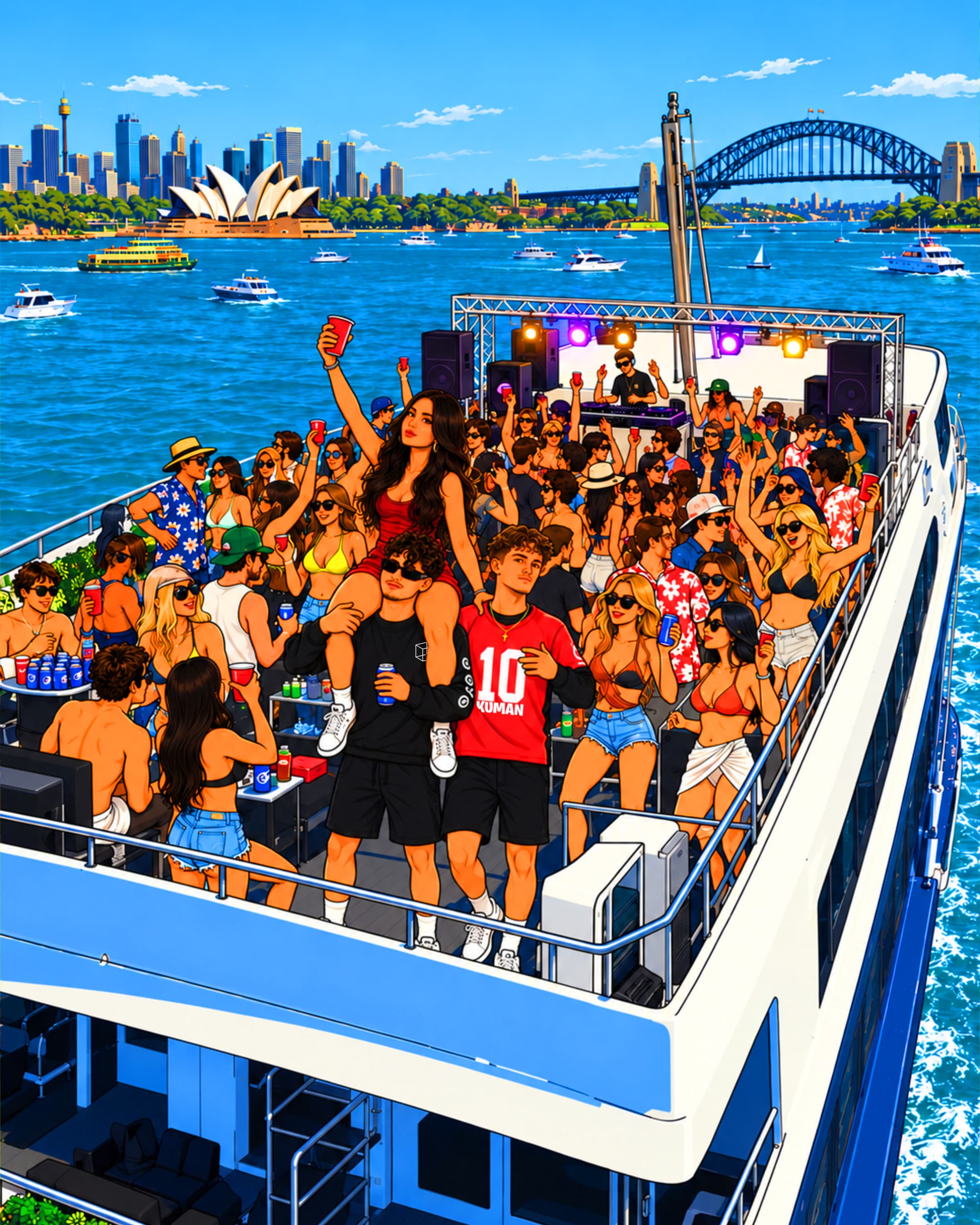The Partylations illustrated boat party on Sydney Harbour